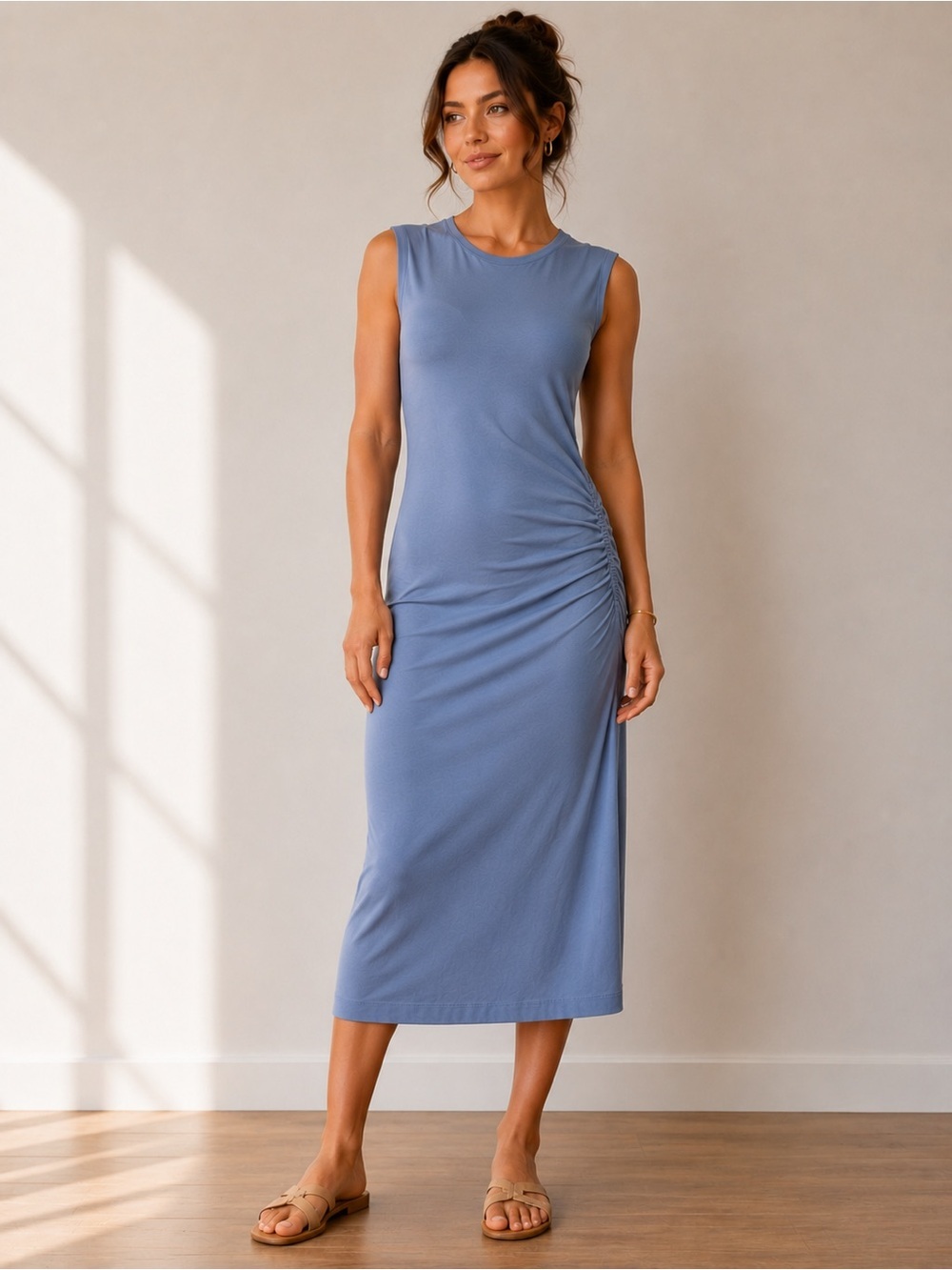 COS Midi Jersey Cinch Waist Gathered Dress Size Large Minimalist Blue Sleeveless